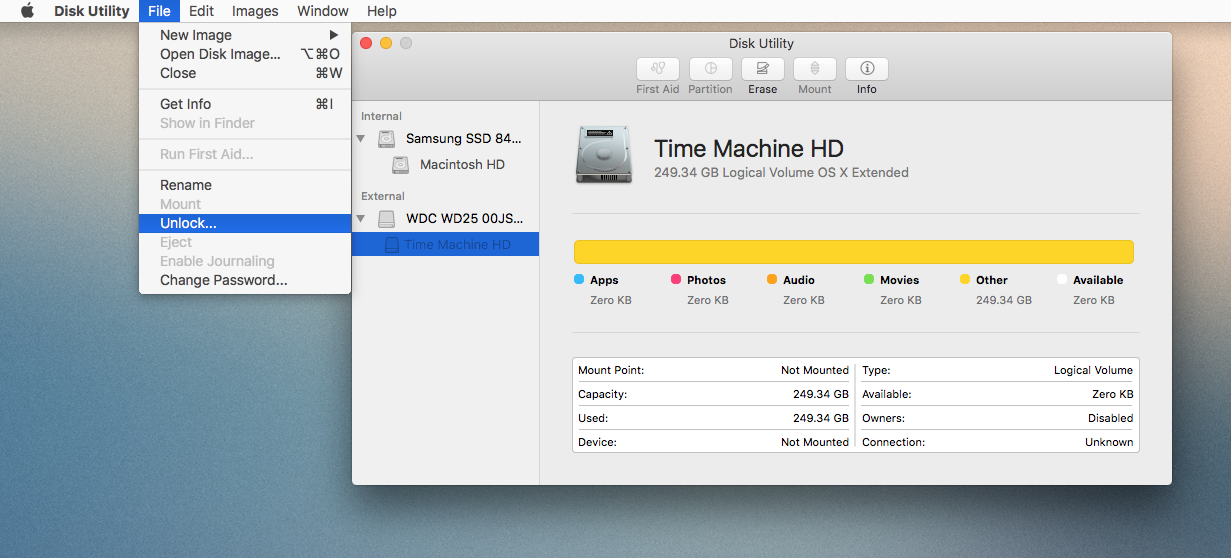 File -> Unlock... in Disk Utility.app
