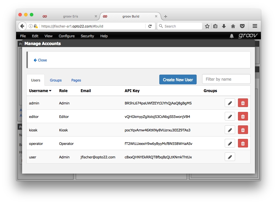 groov Build's Manage Accounts dialog